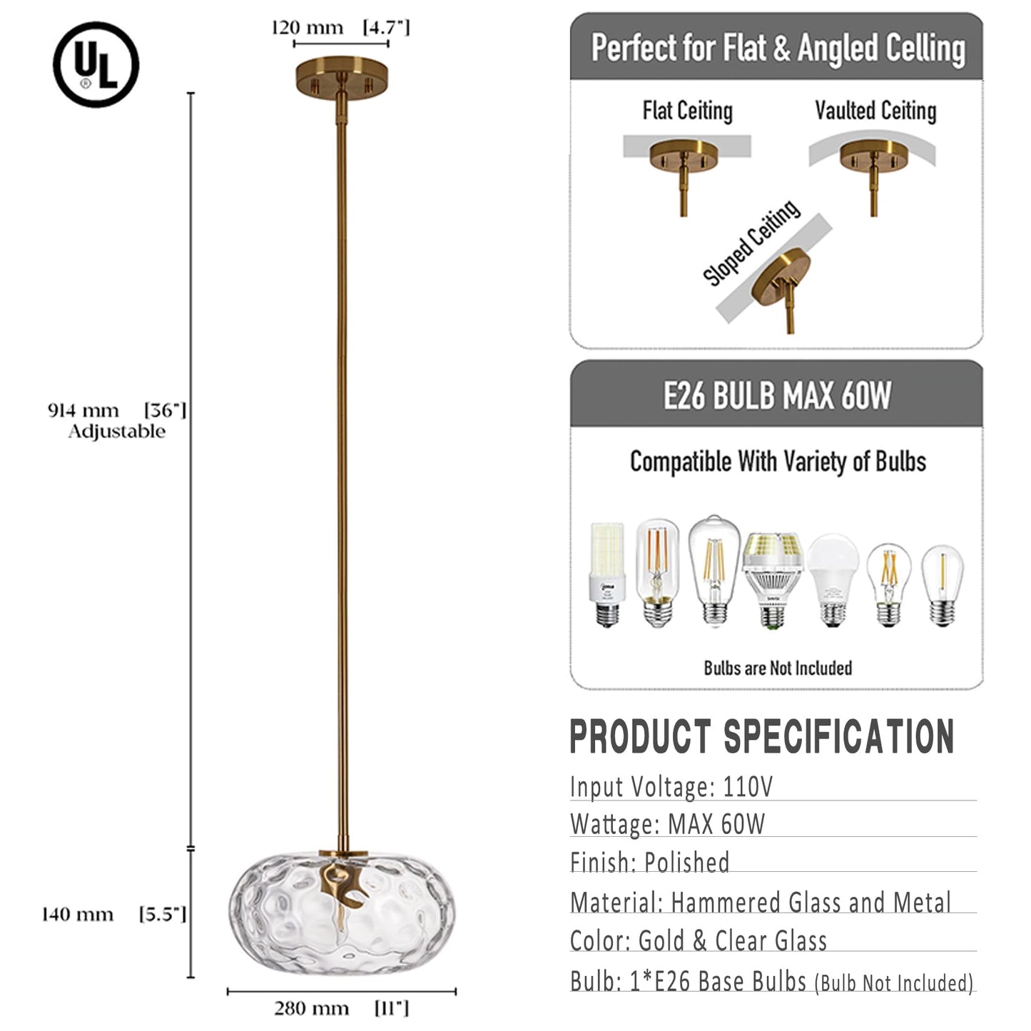 PrismGlowLume Hammered Glass Rod Pendant Light, Modern Gold Chandelier Lighting Fixture Mid-Century Brushed Brass Hanging Ceiling Lamp for Kitchen Island Dining Living, Bathroom, Hallway (Clear, 11")