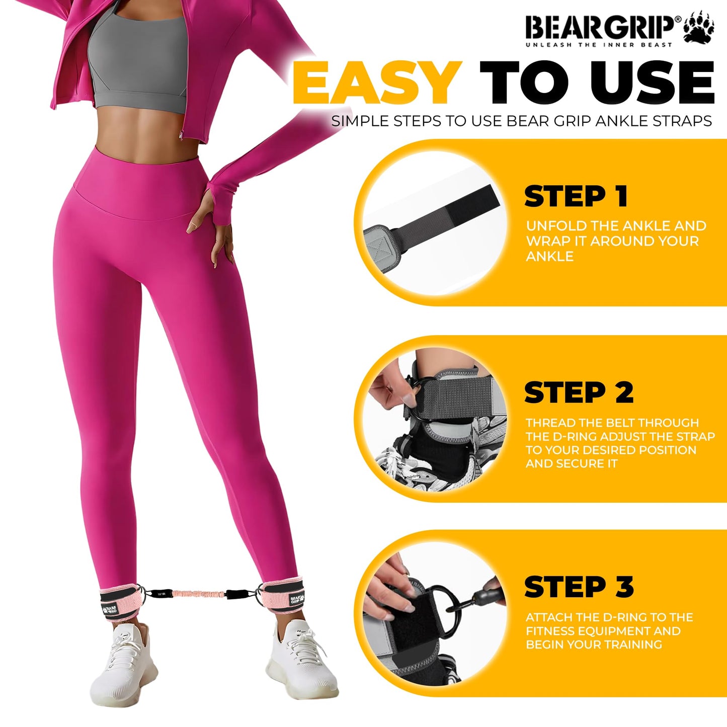 BEAR GRIP Resistance Bands with Ankle Straps – Glute & Leg Workout Equipment, Booty Bands for Women, Exercise Band for Kickbacks, Hip Thrusts & Home Gym Fitness Equipment (Pink, Cables)