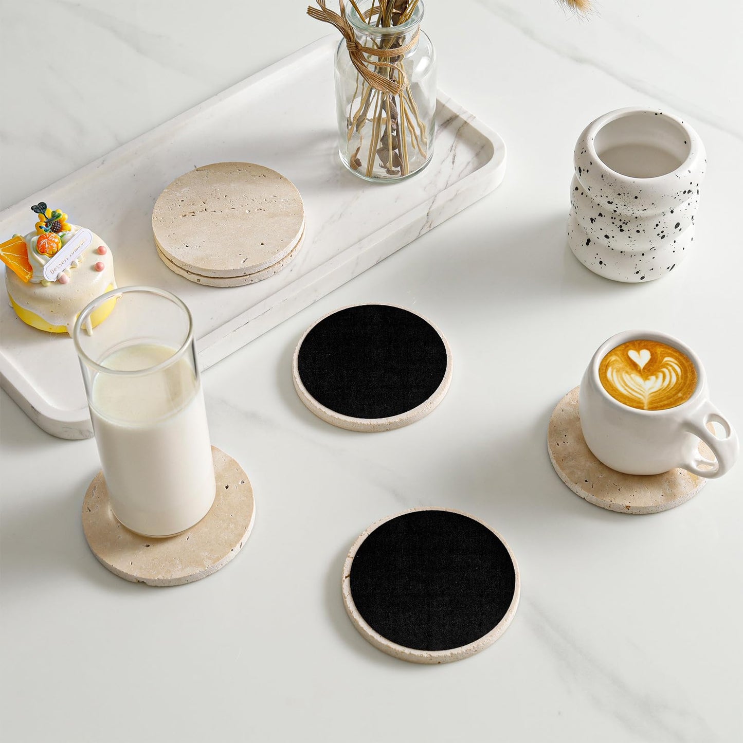 YONGHEE Italian Travertine Coasters Set of 6, Farmhouse Rustic Neutral Style Marble Drink Coasters for Coffee Table Decor, 4 Inch Round Porous Natural Stone Absorbent Coaster, Housewarming Gift