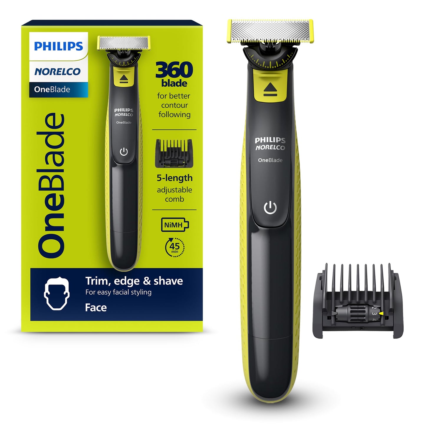 Philips Norelco OneBlade 360 Hybrid Face, Electric Beard Trimmer and Shaver, with 360 Blade Technology, 1x 360 Blade for Face, 5in1 Adjustable Comb, Model QP2724/90