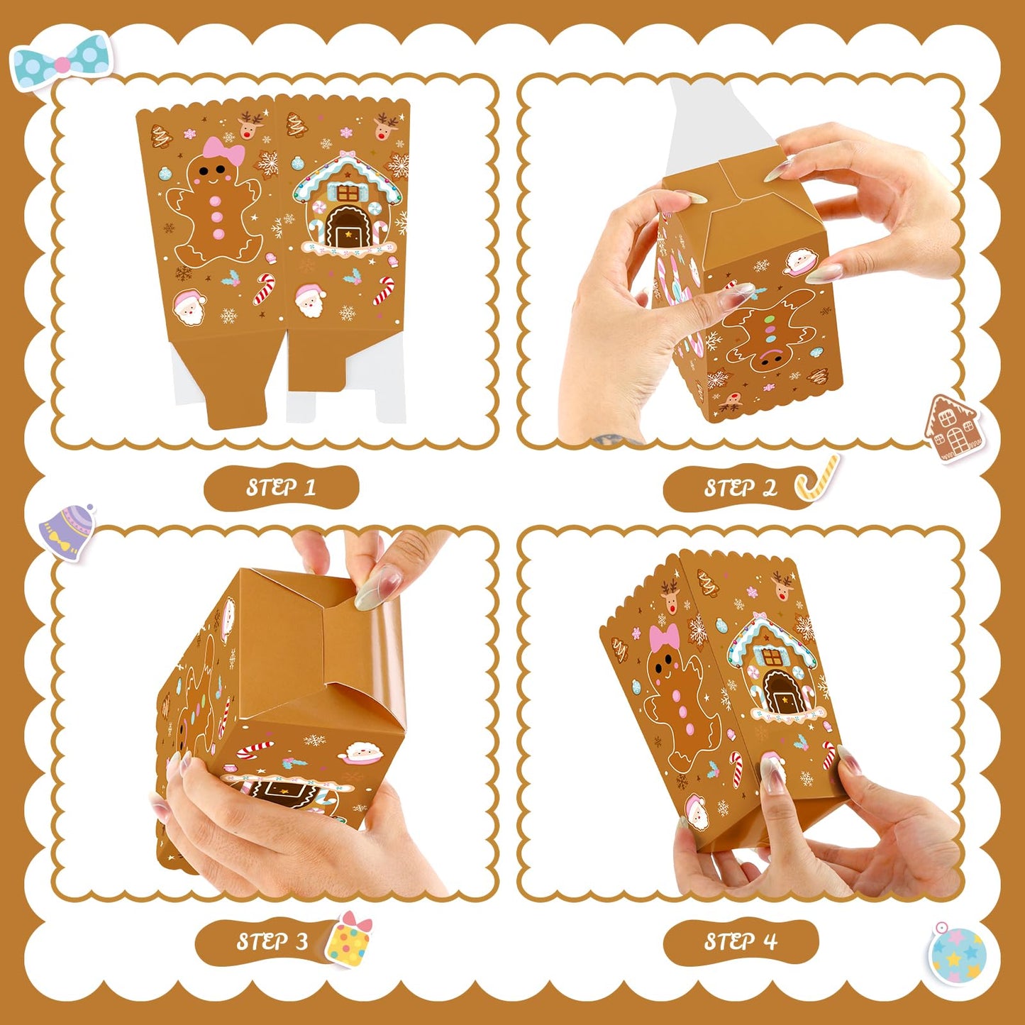 K KUMEED 24 PCS Christmas Popcorn Favor Boxes,Pink and Brown Gingerbread Man Christmas Party Supplies Cute Candy House Popcorn Bowls Popcorn Buckets Popcorn Bags Candy Cookie Container for Kids