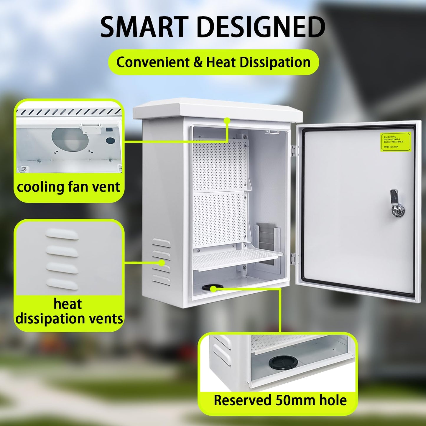 Metal Outdoor Enclosure with Rain Hood Electrical Box Weatherproof WiFi/Network Enclosure Breaker Box with Fan-Vent Design Cable Project Cabinet with Mounting Track Hole in Back 16X20X10