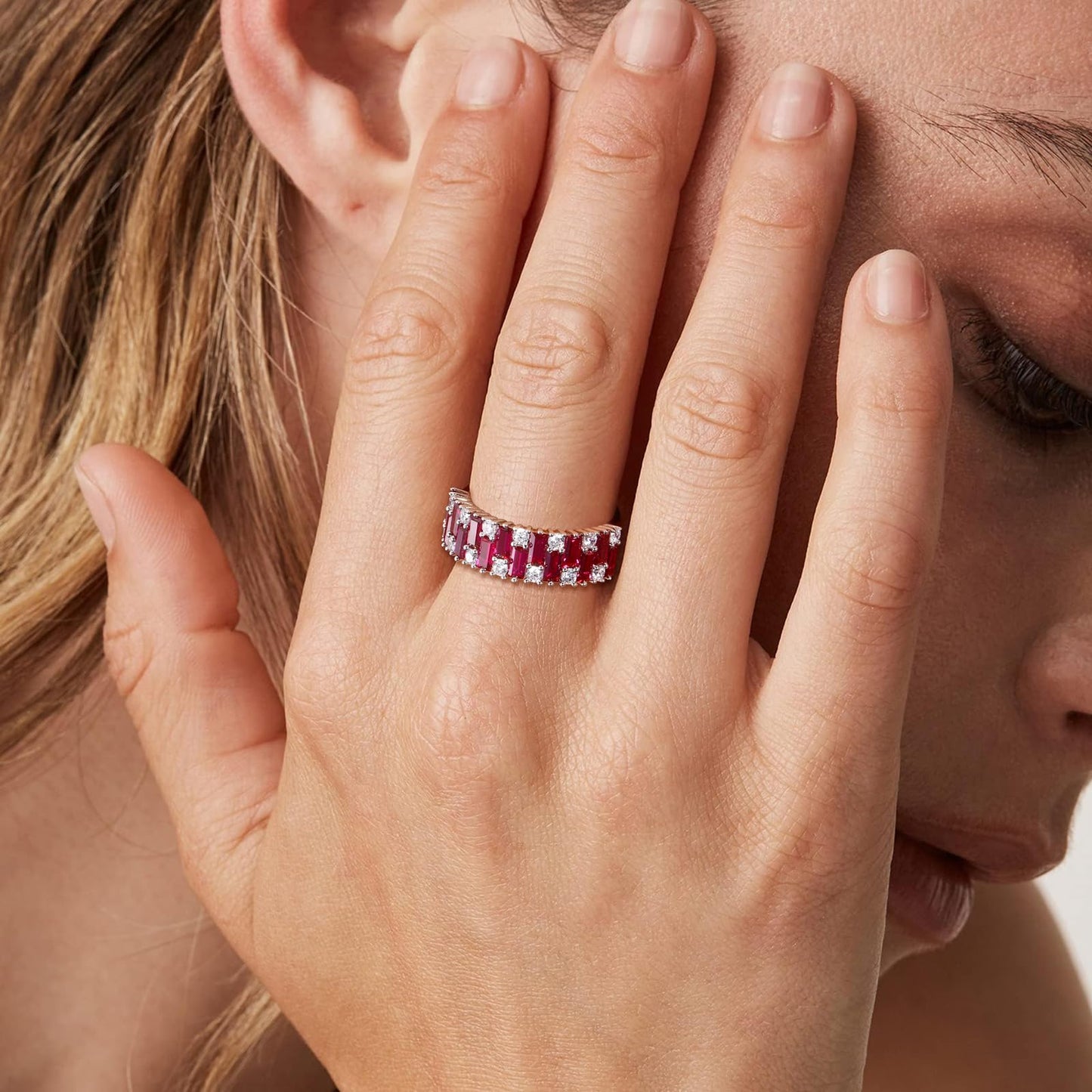 RANDES Cubic Zirconia Band Rings for Women 3 Carat Emerald Cut Engagement Ring Eternity Band Sterling Silver Ruby Ring Baguette Anniversary Rings Size 6