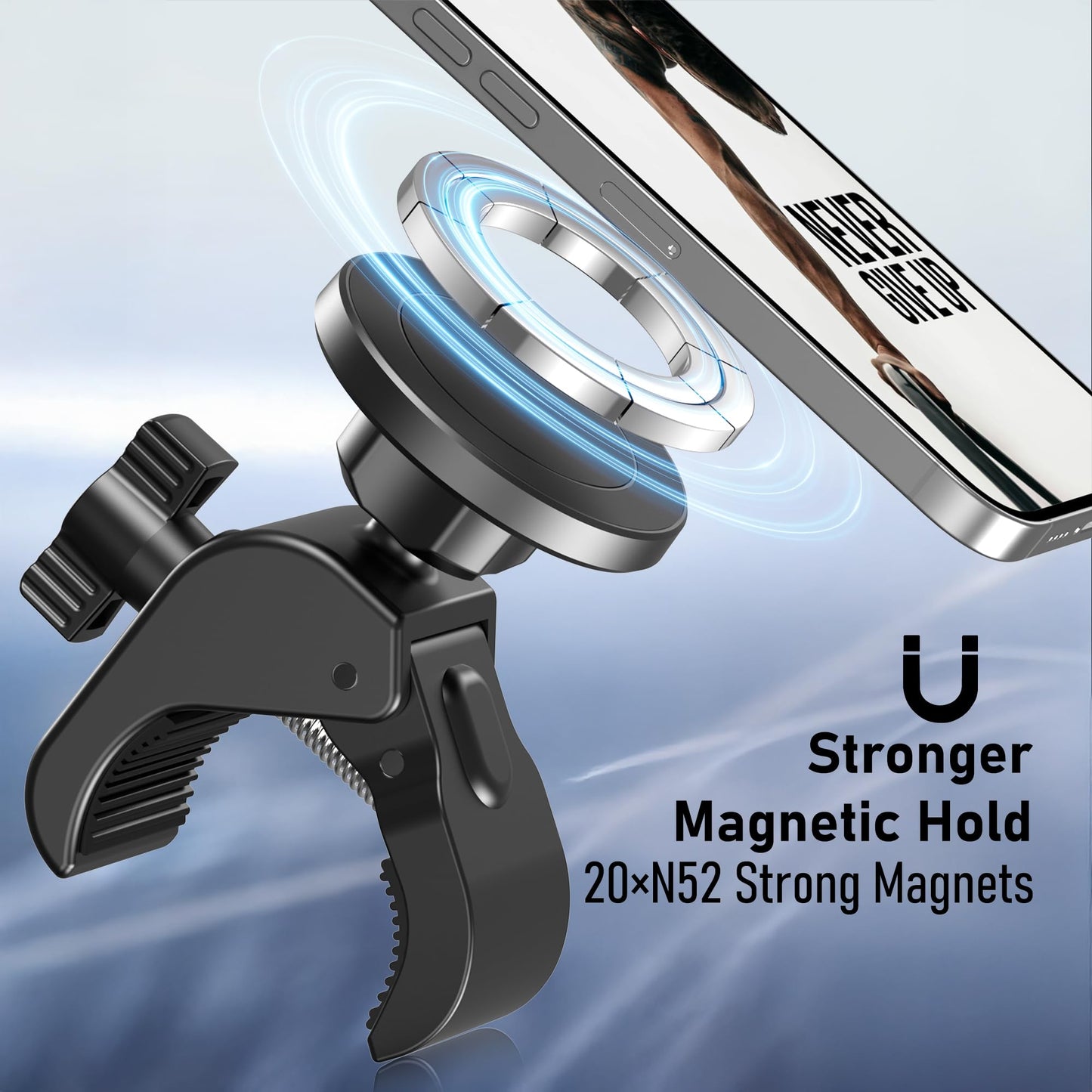 Magnetic Phone Holder Clamp Mount – 20 x N52 Strong Magnet Mount for Gym, Spin Bike (Fits Peloton), Treadmill, Stroller, Golf Cart, Shopping Cart – Compatible with Mag-Safe iPhone 12-17 Series
