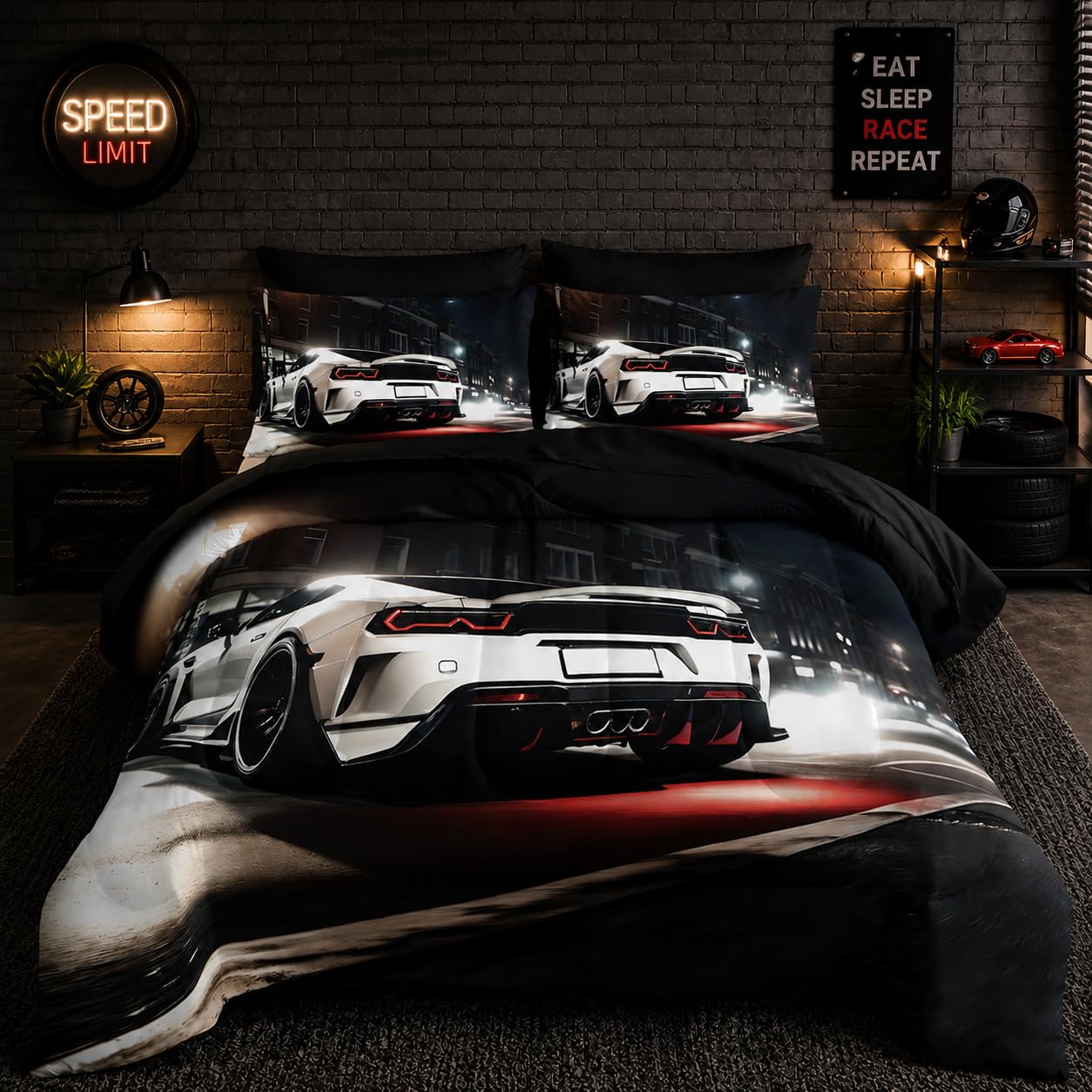 Nttopship Sports Car Comforter Set Full Size 7PCS, White Racing Car Bedding Set 7 Piece in A Bag, Bed Sheet Set White Racing Car Decor, Microfiber Lightweight All Season