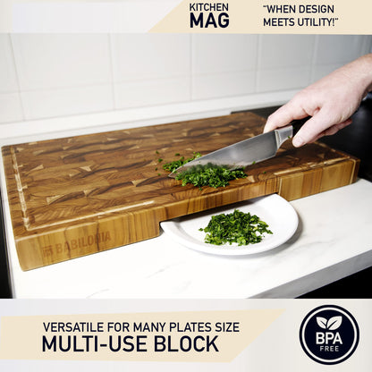 XXL Teak Wood Cutting Board, 24 x 15 Inch (ExtraThick 1.7") Hardwood Butcher Block for Meat, Cheese, Charcuterie Heavy Duty End Grain Non Toxic Wood Chopping Board with Handle (Oil & Plate included)