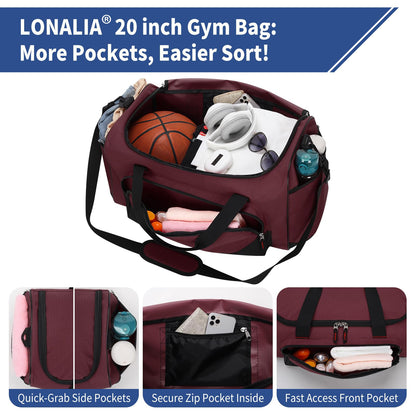 LONALIA 45L Gym Sport Duffle Bag - 20 inch Weekender Overnight Bag for Travel, Workout, Fitness, Training (Maroon-45L)