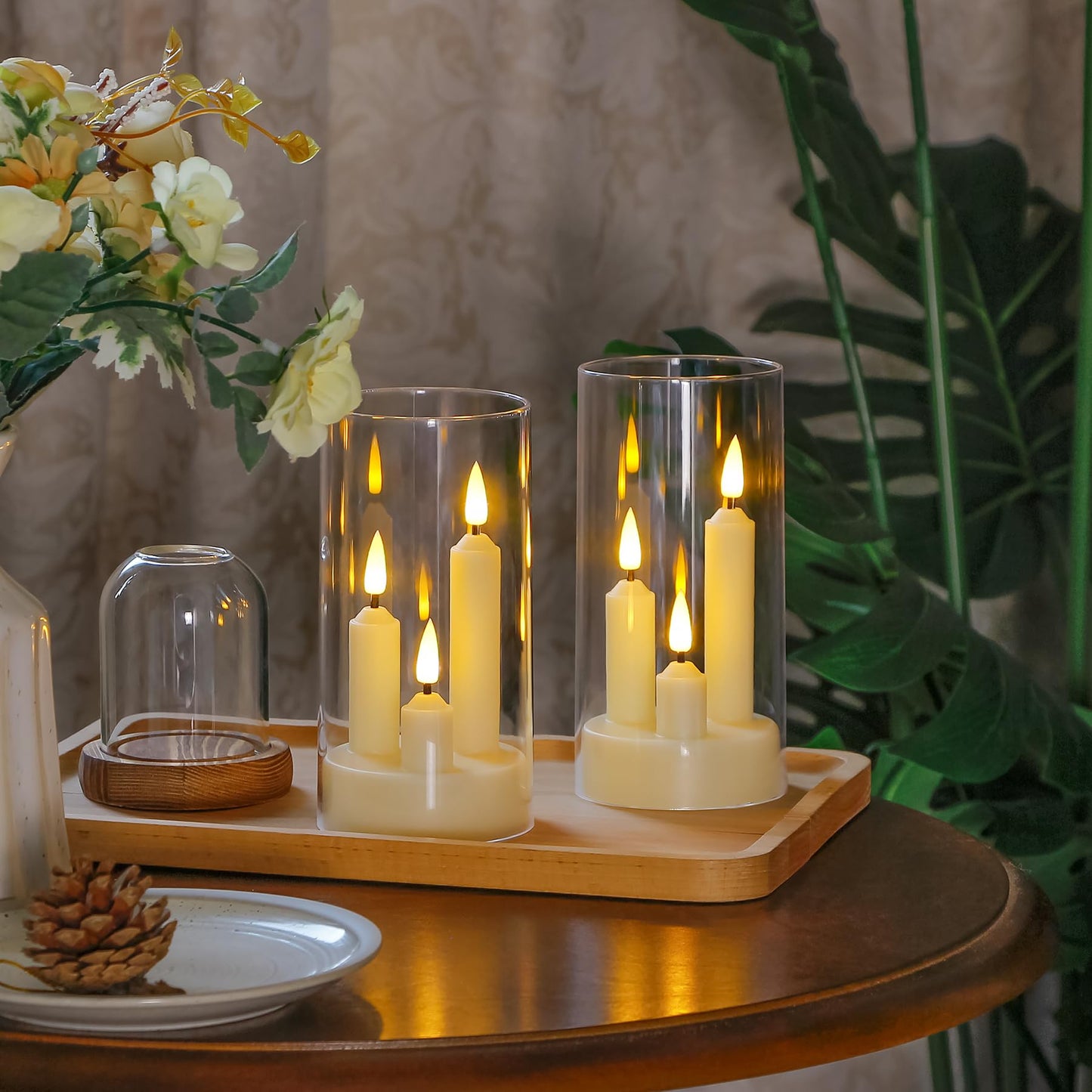 Zevanor 3 in 1 Flameless Taper Short Candles with 10 Key Remote Control and Timer, Battery Operated Pack of 2 LED Acrylic 3" x6" White Pillar Flickering Warm Light