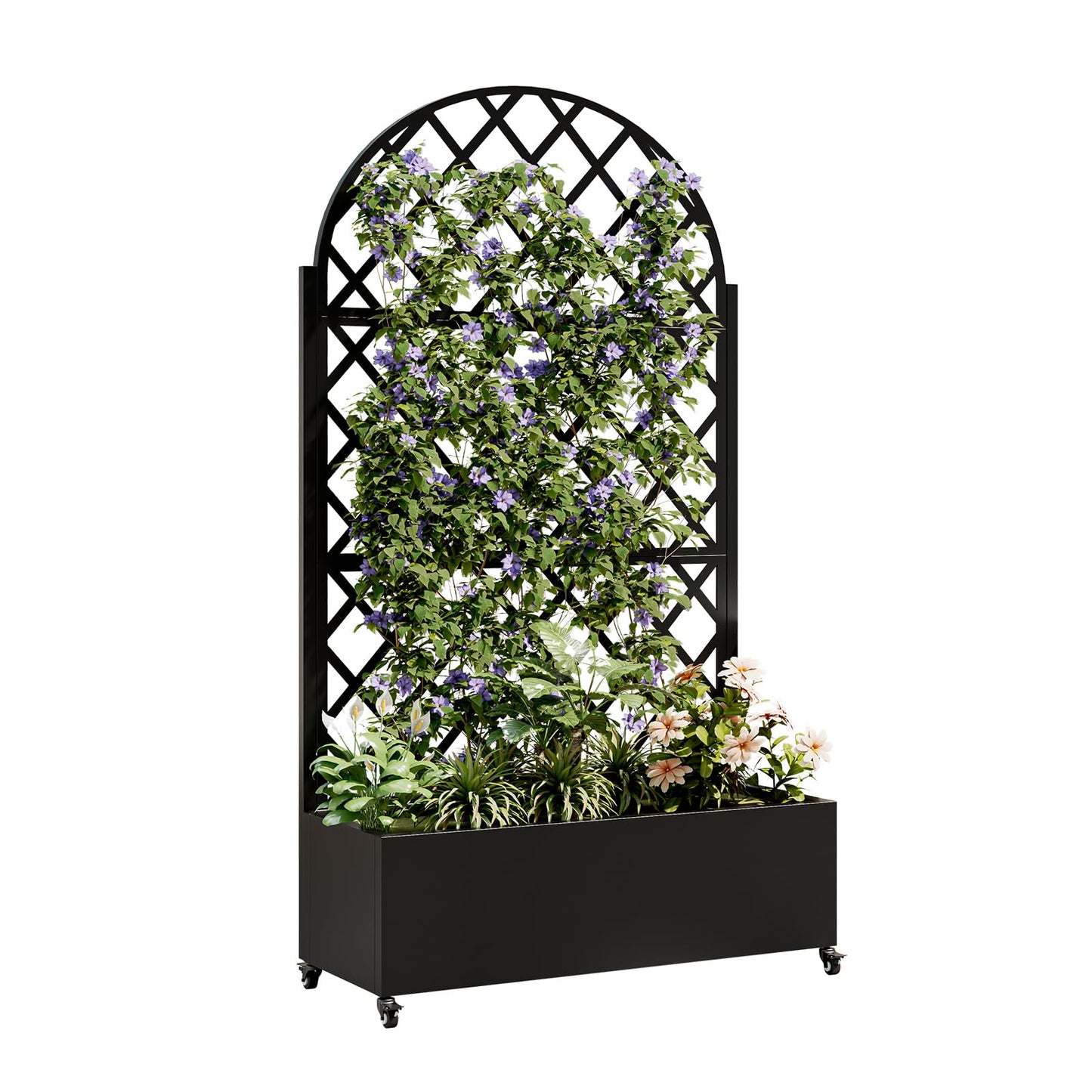 Metal Planter Box with Trellis and Wheels, 73"x35"x16" Galvanized Steel Raised Garden Bed with Drainage Holes and Privacy Screen Function for Climbing Plants, Vegetables, Flowers, and Vines–Black