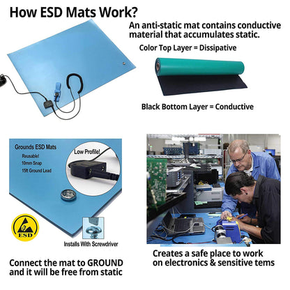 RubberStat Dual Layer ESD Compliant Workstation Rubber Table Mat Kit, Soldering, Cell Phone Repair, with Wrist Strap Set and Ground Cord - 24"x72" Grey