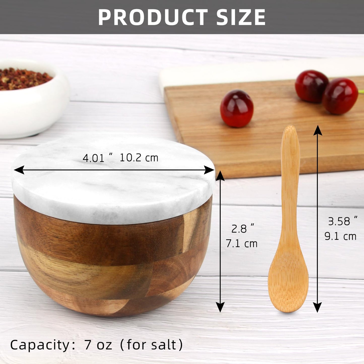 HESHIBI Salt Cellar Box with Lid & Spoon, Modern White Stone Salt or Pepper Sugar Spice Seasoning Bowl Container Jar Holder Well Keeper Dish Pig Crock for Kitchen (Marble Lid Set)