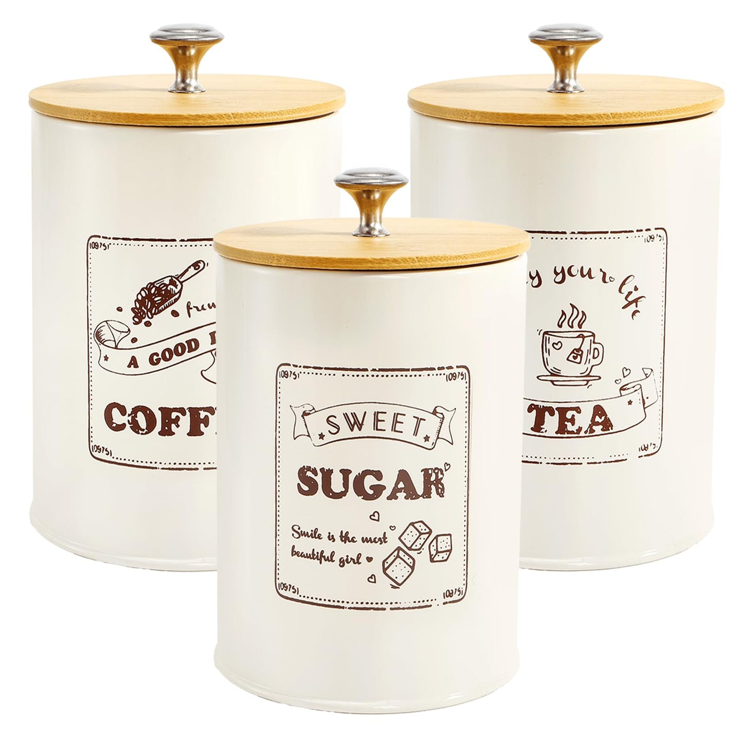 Youeon Metal Canisters Sets for the Kitchen, 40 Oz Coffee Sugar Tea Container Set, Farmhouse Style, Food Storage Containers with Lids for Countertop, Cabinet, Coffee Bar Decor, Beige