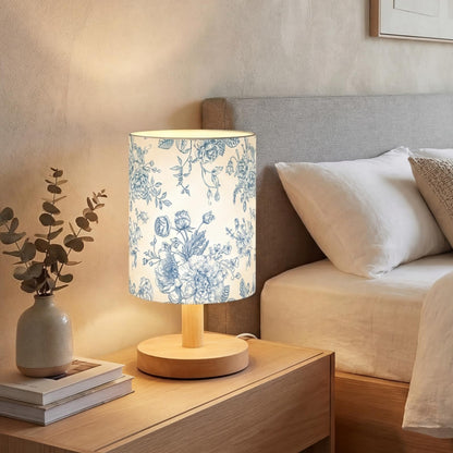VIHOSE Blue Floral Kids Table Lamp for Bedroom Kids Bedside Lamp with Linen Wooden Nightstand Cartoon Nursery Lampshade for Girls Boys Living Room