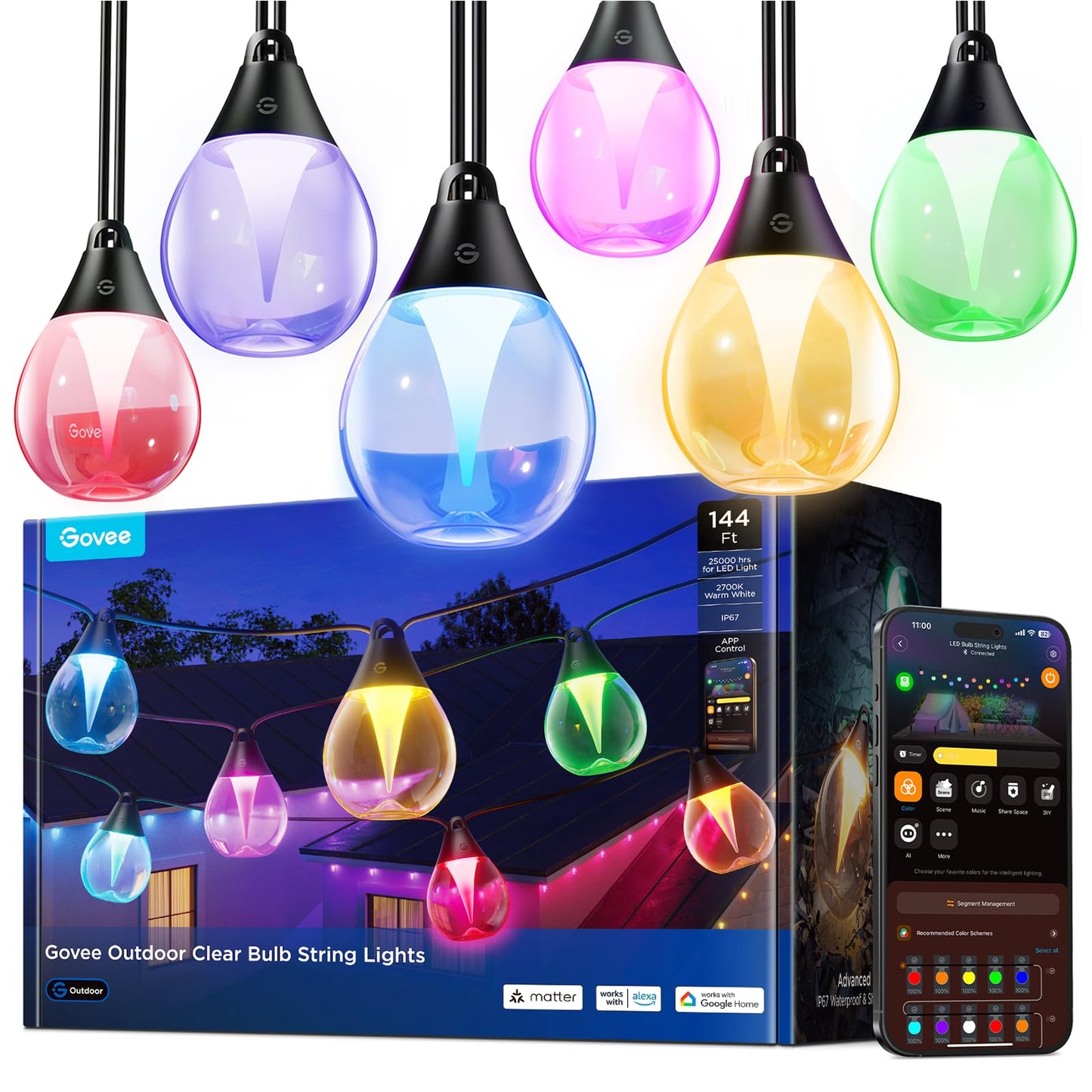 Govee Clear Bulb Outdoor String Lights 144ft, RGBWIC Smart Outdoor Lights with 45 Dimmable LED Bulbs, 111 Scene Modes, IP67 Waterproof & Shatterproof, Works with Alexa, Google & Matter for Patio