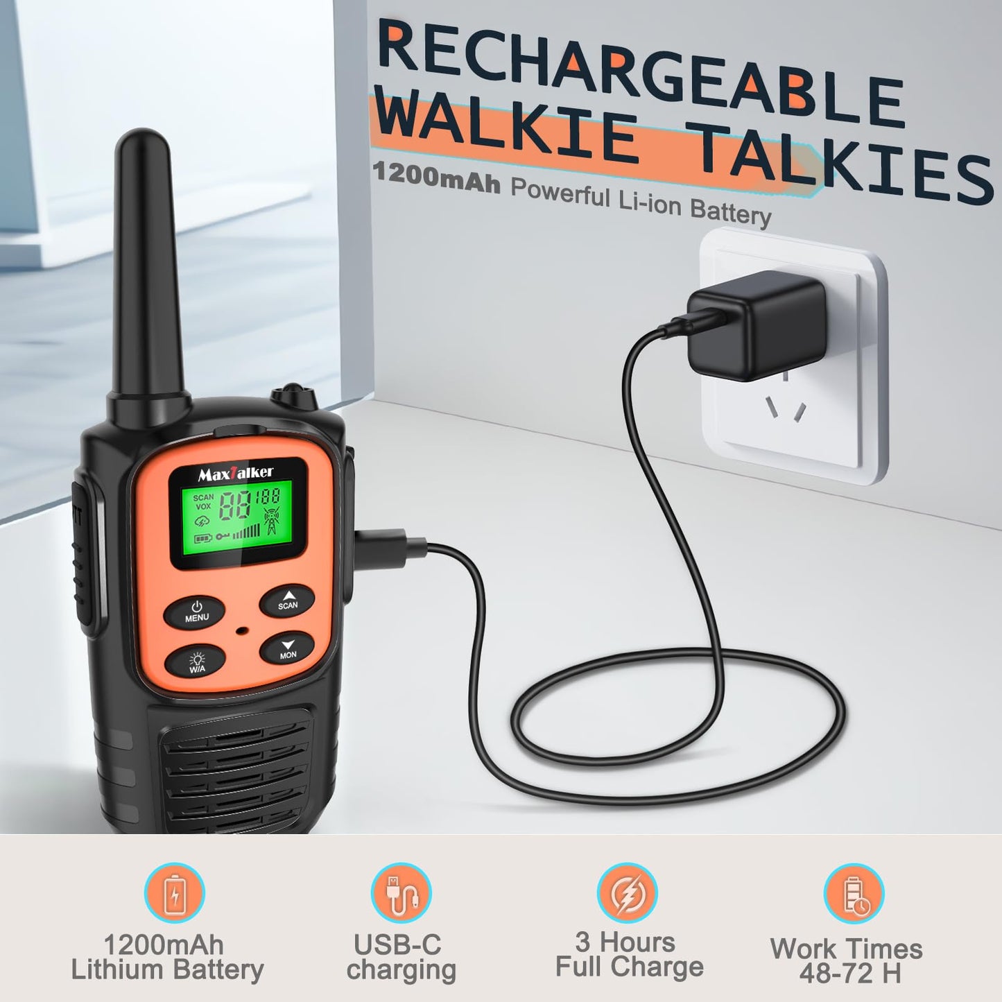 Walkie Talkies Long Range for Adult, MT10 Rechargeable Walkie Talkies FRS Two Way Radio, NOAA, 1200mAh Li-ion Battery USB-C Cable, LED Flashlight, VOX Walkie Talkie for Hiking Camping 2Pack