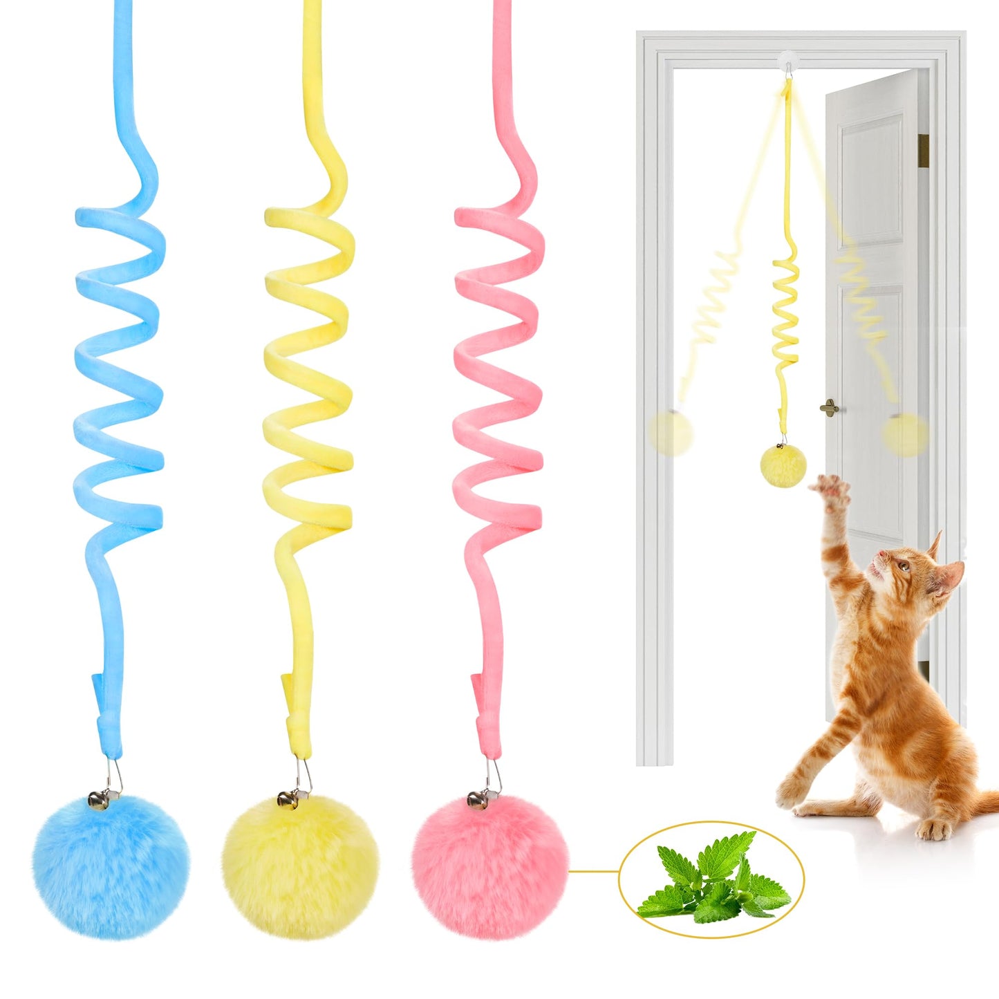 Potaroma Hanging Fluffy Cat Catnip Ball Toys 3 Pcs with Bell, Interactive Cat Teaser Retractable Toys Indoor Kitten Play Chase Exercise Physical Stimulation