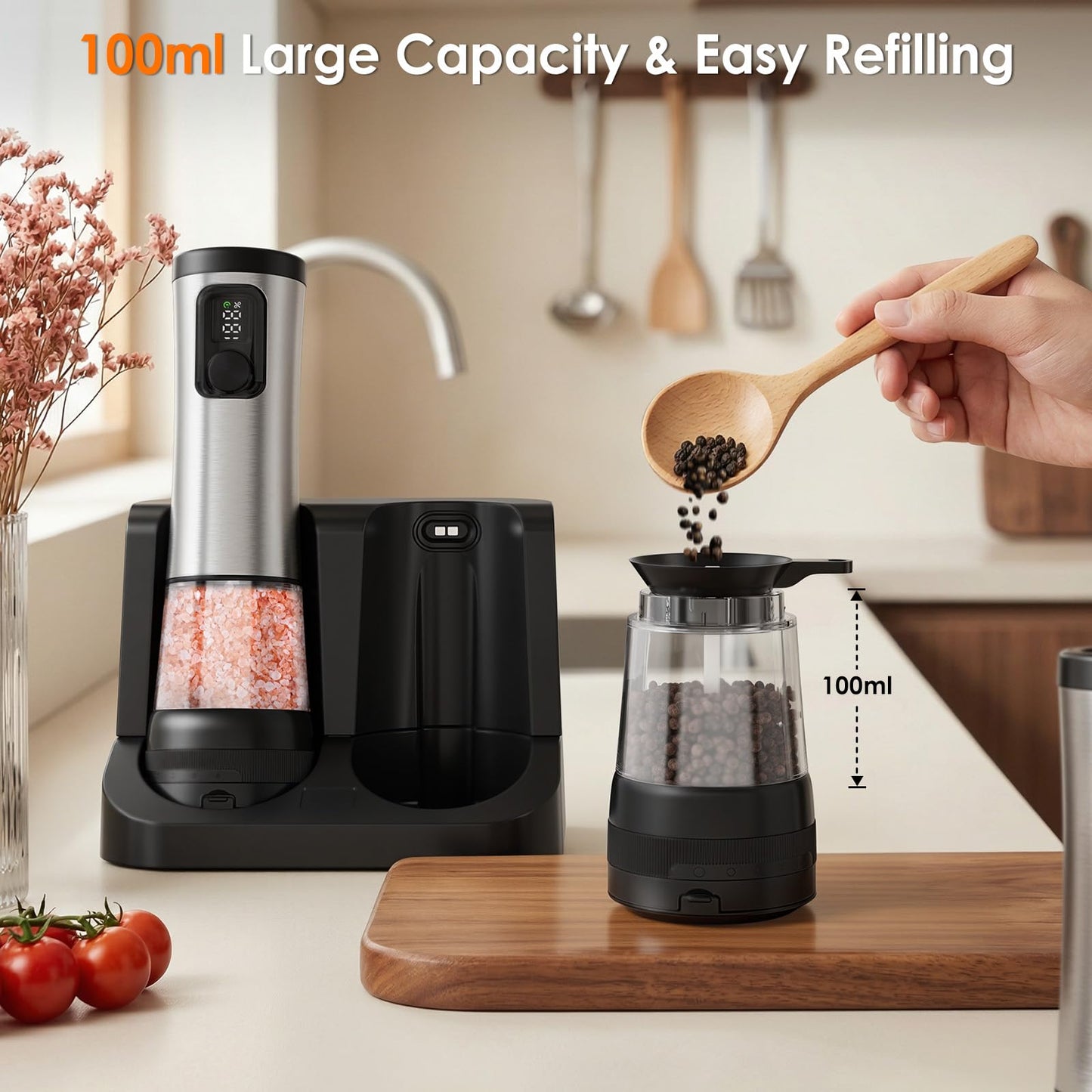 Rechargeable Electric Salt and Pepper Grinder Set with LED Light, 5-Level Adjustable Coarseness, 2-Speed Automatic Mills, 2 x 100ml Large Capacity, Black