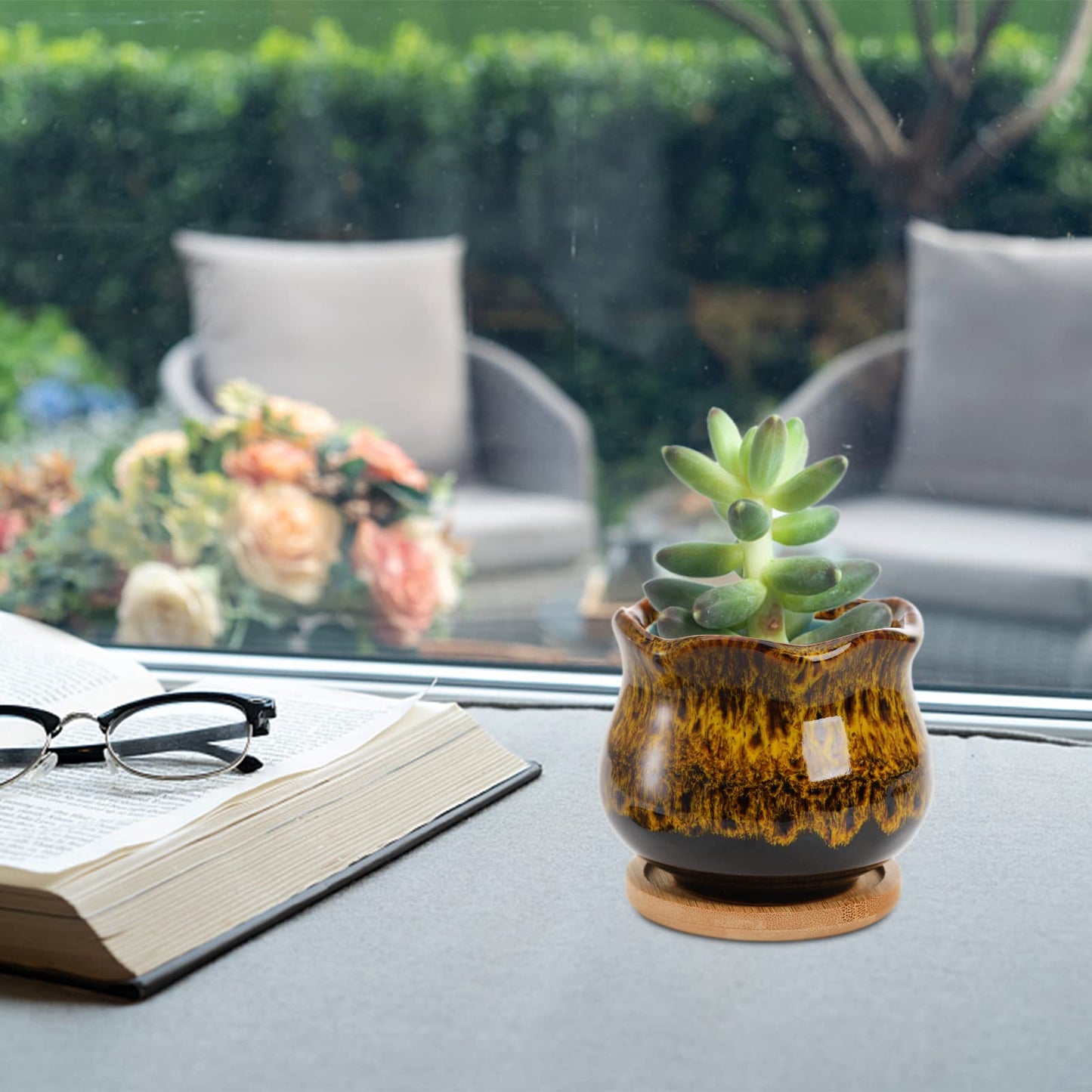TOPZEA Set of 6 Succulent Plant Pots, 4 Inch Glazed Ceramic Cute Plant Pots with Drainage and Saucer, Mini Bonsai Planter Small Cactus Flower Pots for Indoor Outdoor Use