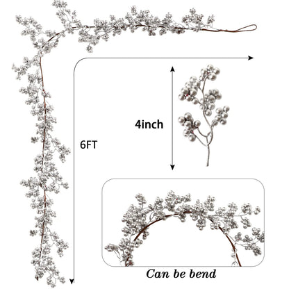 Syhood Christmas Berry String Garland with Lights Thanksgiving Artificial Lighted Garland for Xmas Winter Tree Decor Home Office Fireplace Mantel Decoration Holiday Valentines, 6 ft(Silver,1 Pc)