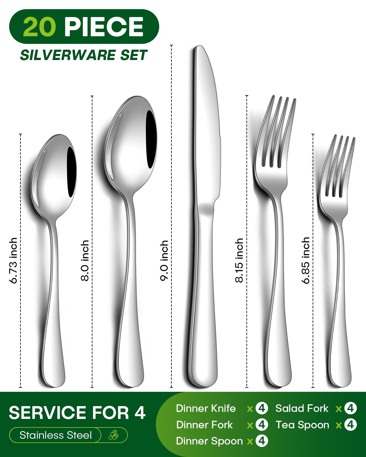 PHILIPALA 20 Piece Silverware Set, Stainless Steel Flatware Set for 4 Food Grade Cutlery Utensil Set Include Knife Fork Spoon Mirror Polished Dishwasher Safe