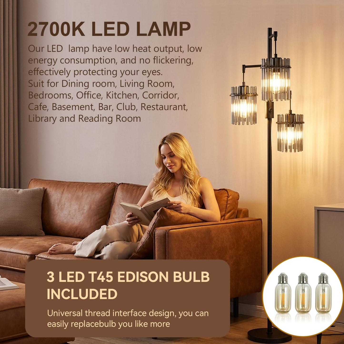 Dimmable Black Crystal Standing Farmhouse Tree Floor Lamp for Living Room