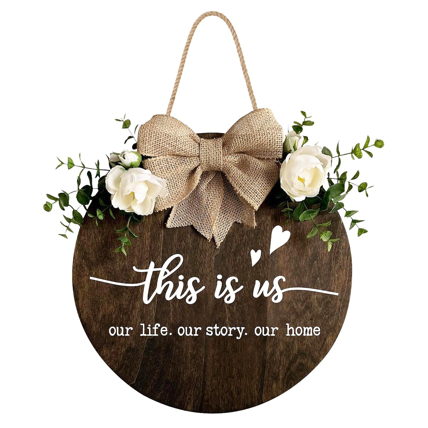 This is Us" Welcome Sign, Farmhouse Round Wood Hanging Door Decor with Ribbon Bow and Artificial Greenery, Rustic Front Porch Wreath for Thanksgiving, Christmas, Brown Home Entry Decor