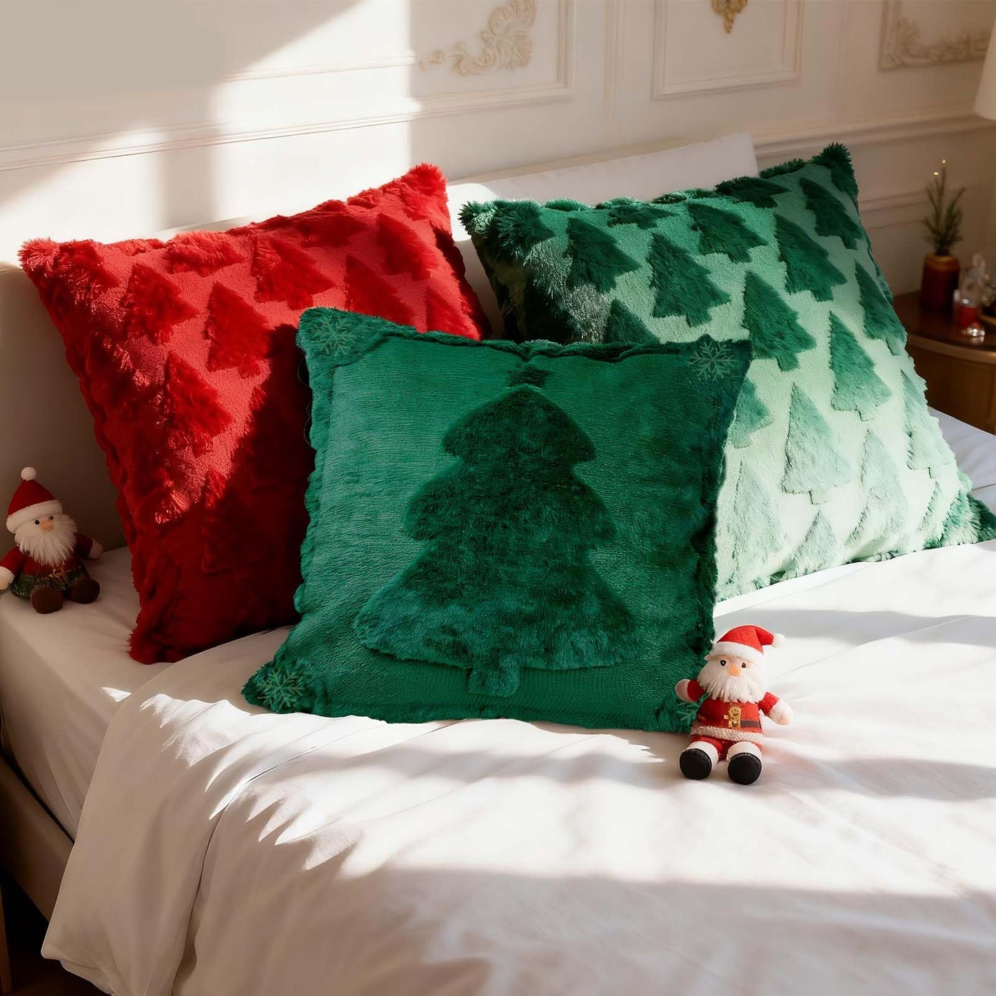 ONFAON Christmas Decorations - Christmas Pillow Covers 18x18 Inch Set of 2,Embroidered Xmas Tree Soft Plush Faux Fur Wool Throw Pillows Winter Holiday Decor for Sofa Living Room, Green