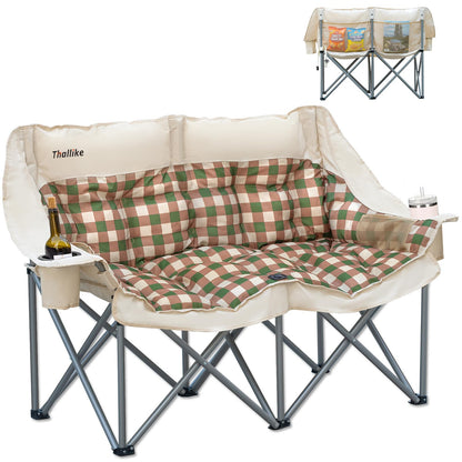Thallike Double Camping Chair, Oversized 2 Person Camp Chairs with Cup Holders Side & Backrest Mesh Pockets Padded Loveseat Camping Chair Foldable for Outdoor Lawn Backyard Beach Support 800LB