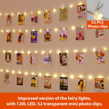 HXWEIYE 120LED Warm White 40Ft Fairy String Light with 52 Clear Clips & 12 Hooks, USB Powered, Waterproof, 8 Modes & Timer, Perfect for Indoor/Outdoor, Bedroom, Party, Wedding Decor