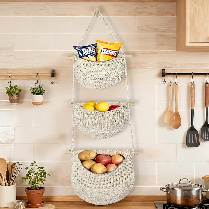 3 Tier Hanging Fruit Baskets for Kitchen, Boho Cotton Rope Handwoven Vegetable
