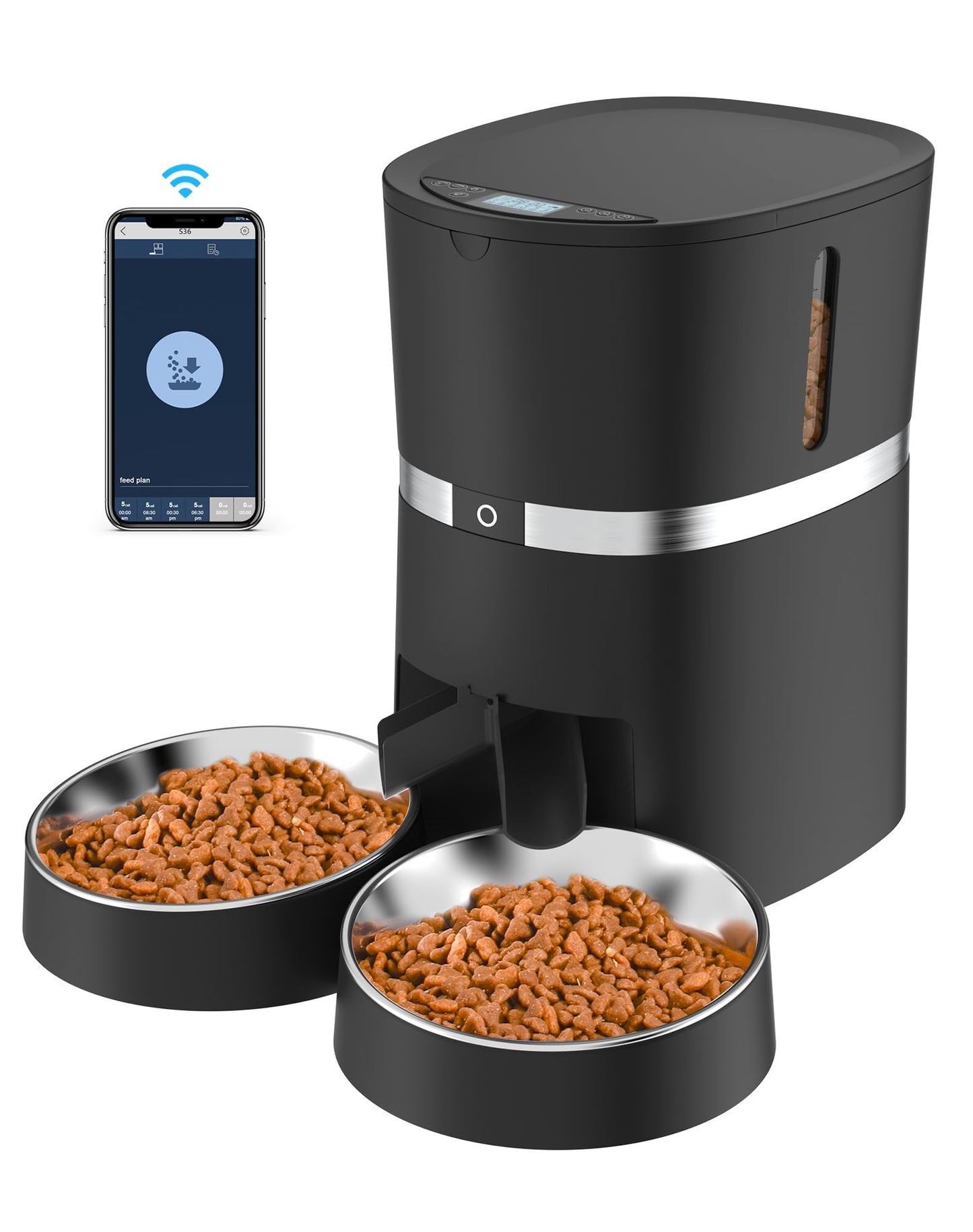 Smart Cat Feeder, WellToBe Automatic Cat Feeder WiFi Enable Pet Dog Food Dispenser App Control for Cat&Dog with Two-Way Splitter and Two Bowls, Voice Recorder Distribution Alarms, Portion Control