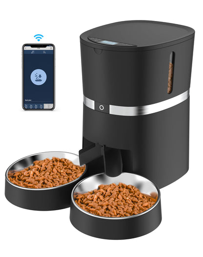 Smart Cat Feeder, WellToBe Automatic Cat Feeder WiFi Enable Pet Dog Food Dispenser App Control for Cat&Dog with Two-Way Splitter and Two Bowls, Voice Recorder Distribution Alarms, Portion Control