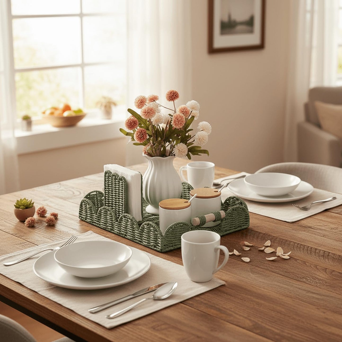 CubesLand Rectangular Scalloped Decorative Centerpiece Tray for Coffee Table, Home Decor, Living Room - Green Tray w/Wooden Handle – Warm and Elegant for Holidays, Housewarmings - Candle Plate Holder