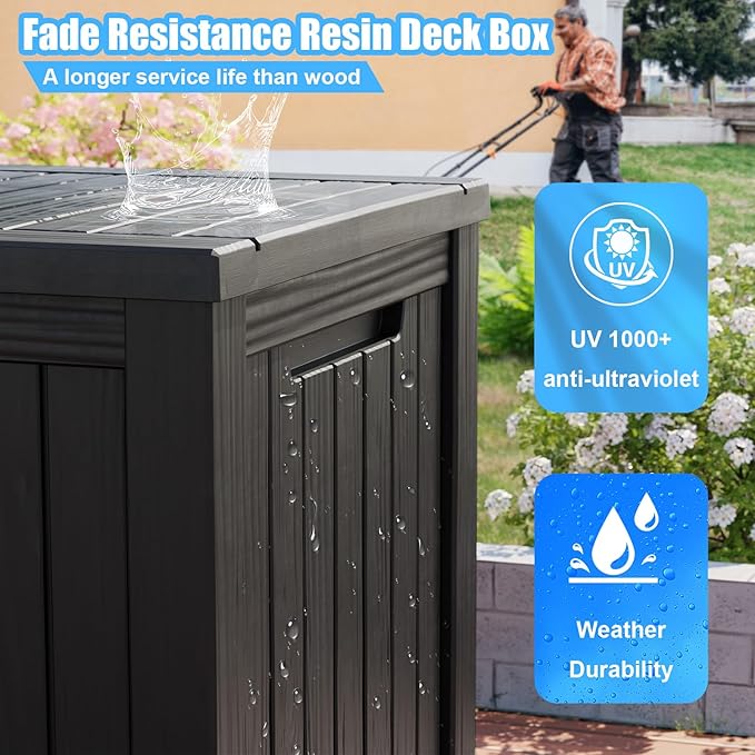 200 Gallon Outdoor Deck Box, Lockable Waterproof Outdoor Storage Boxes For Garden Tools,Indoor Cushions,Accessories Outside Storage Resin Weatherproof Container(Black)