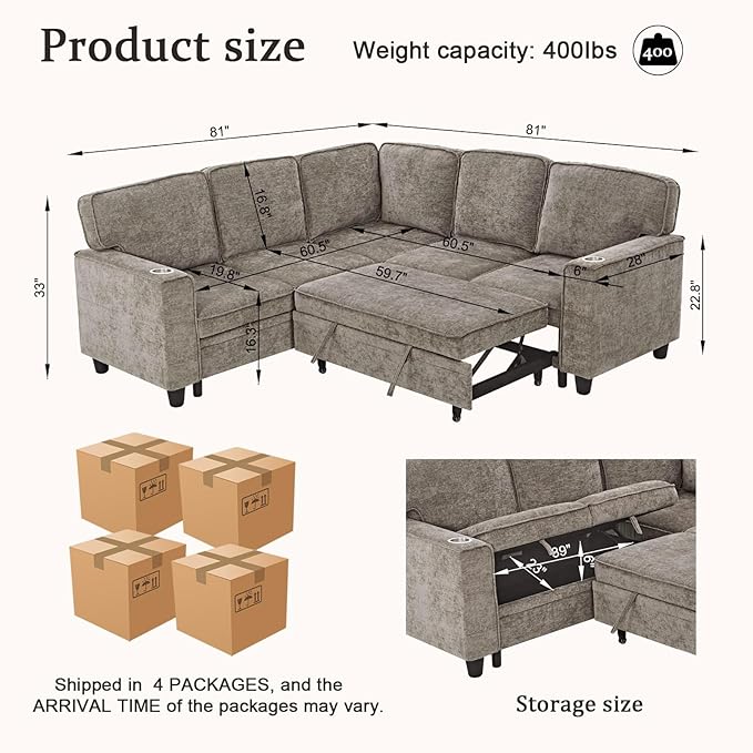 L-Shaped Sectional Couch with Storage and Pull Out Bed, Convertible Sofa Bed