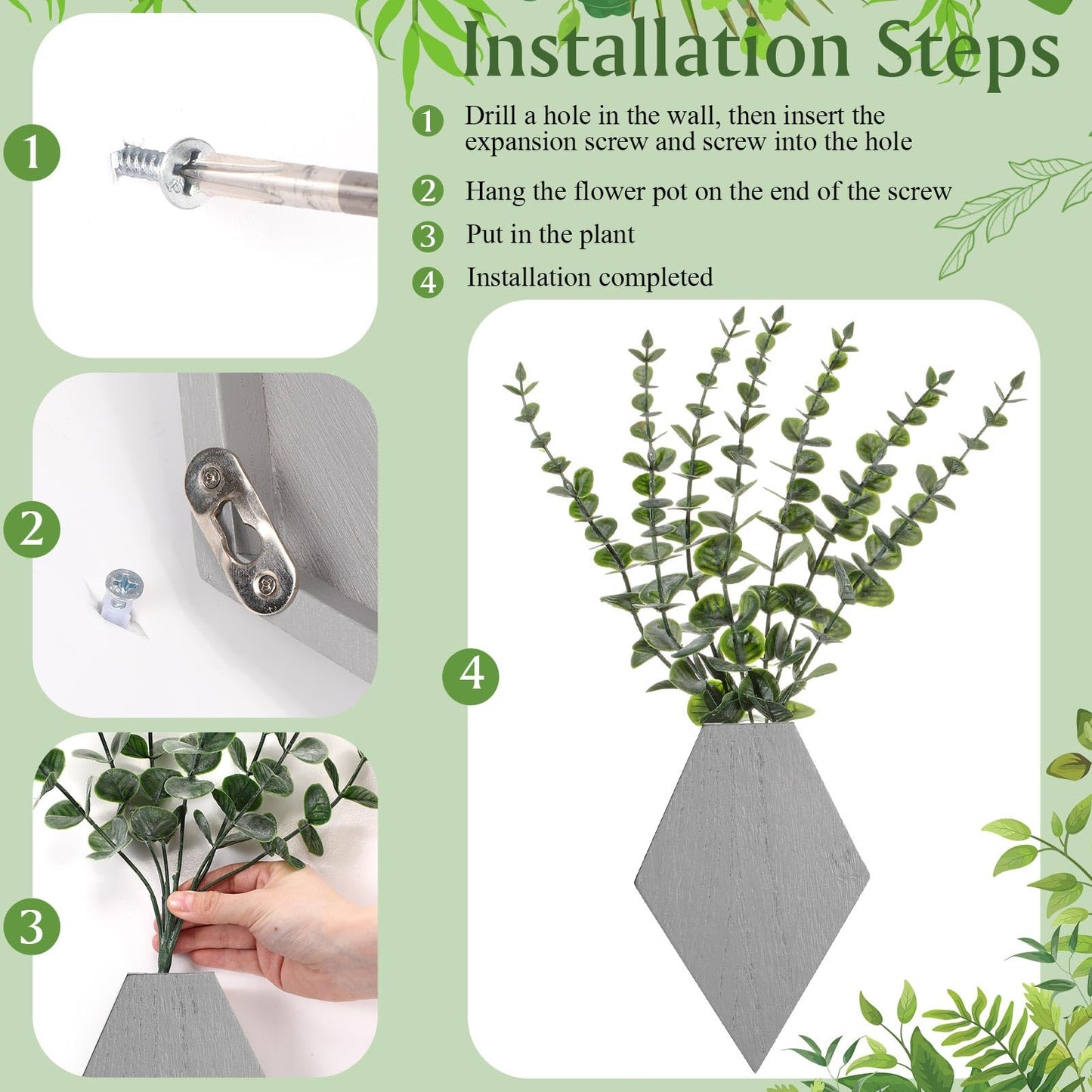Chunful Wooden Wall Planter Decor Hanging Fake Plants Greenery Flowers Holder Vase Boxes for Wall Farmhouse Bohemian Living Room Bedroom Kitchen Office Indoor Decoration (Light Gray,2 Pcs)