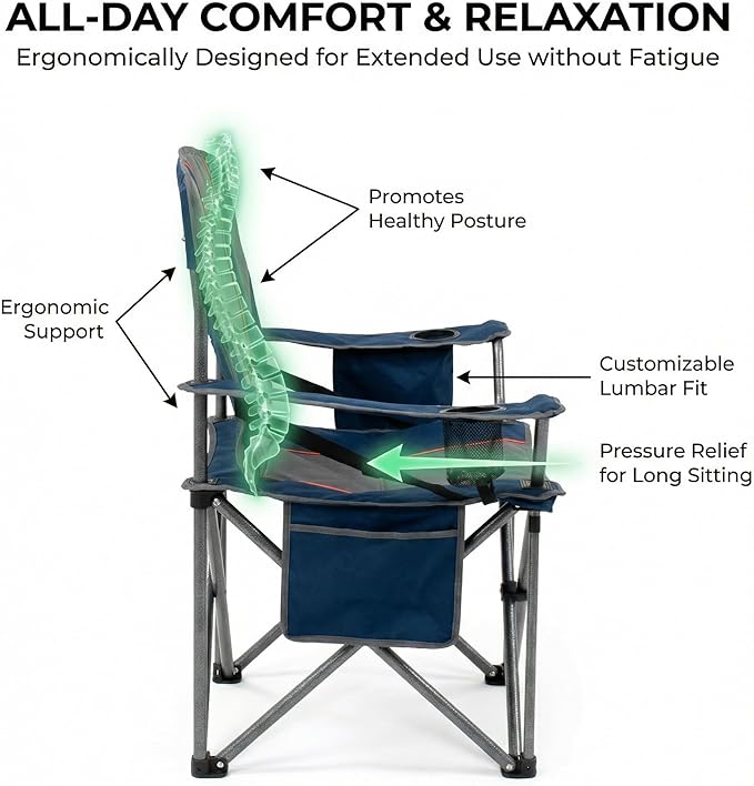 FAIR WIND Heavy Duty Camping Chair, Oversized Padded Folding Chair for Big and Tall (450lbs), Extra Wide Seat with Integrated Cooler & Storage Pocket, Adjustable Lumbar Support for Outdoor