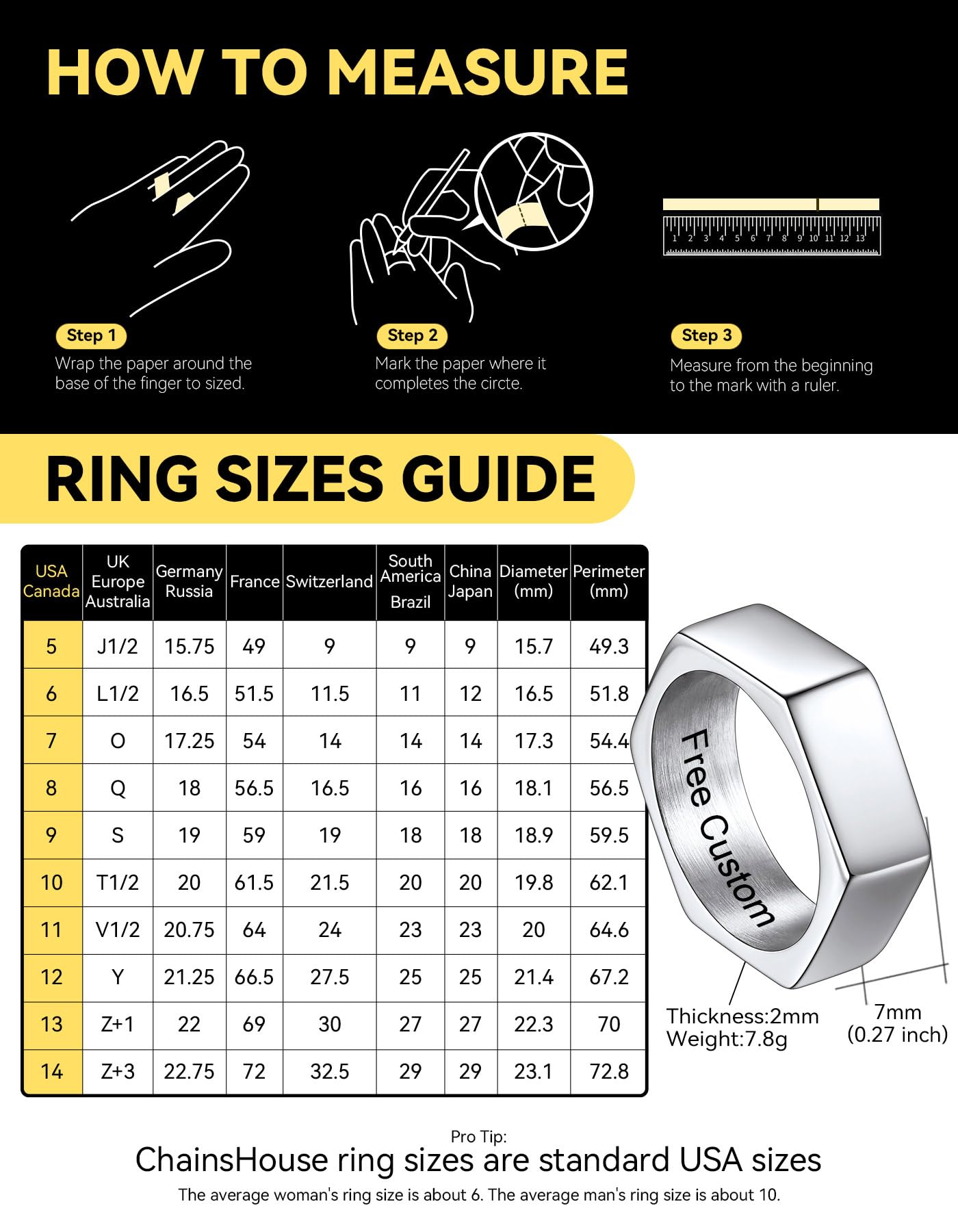 ChainsHouse Hexagon Ring Stainless Steel Geometric Biker Bands Custom Engraved Punk Jewelry for Men Women, Size 13