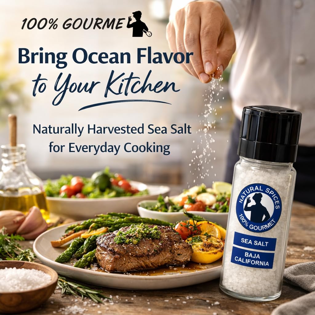 100% Gourmet Baja California Sea Salt Grinder (6 oz) – Pacific Ocean Mineral Salt – Natural & Unrefined – Coarse Sea Salt for Cooking, Seafood & Finishing – Refillable Glass Grinder