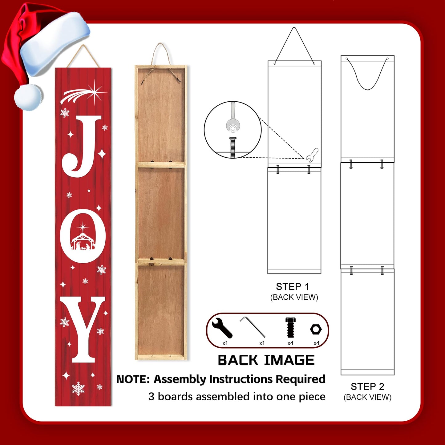 Christmas Porch Sign JOY 47" Winter Large Welcome Porch Sign Xmas Decor for Home Front Door Farm Yard Party Decor (Red)
