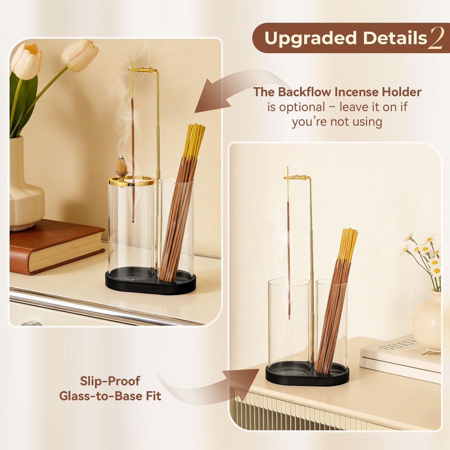 3 in 1 Incense Holder for Sticks Upside Down Anti-Ash Incense Burner with Glass Ash Catcher Backflow Cone Incense Diffuser with Adjustable Threaded Mounting for Mediation Yoga Spa Gifts Home Decor