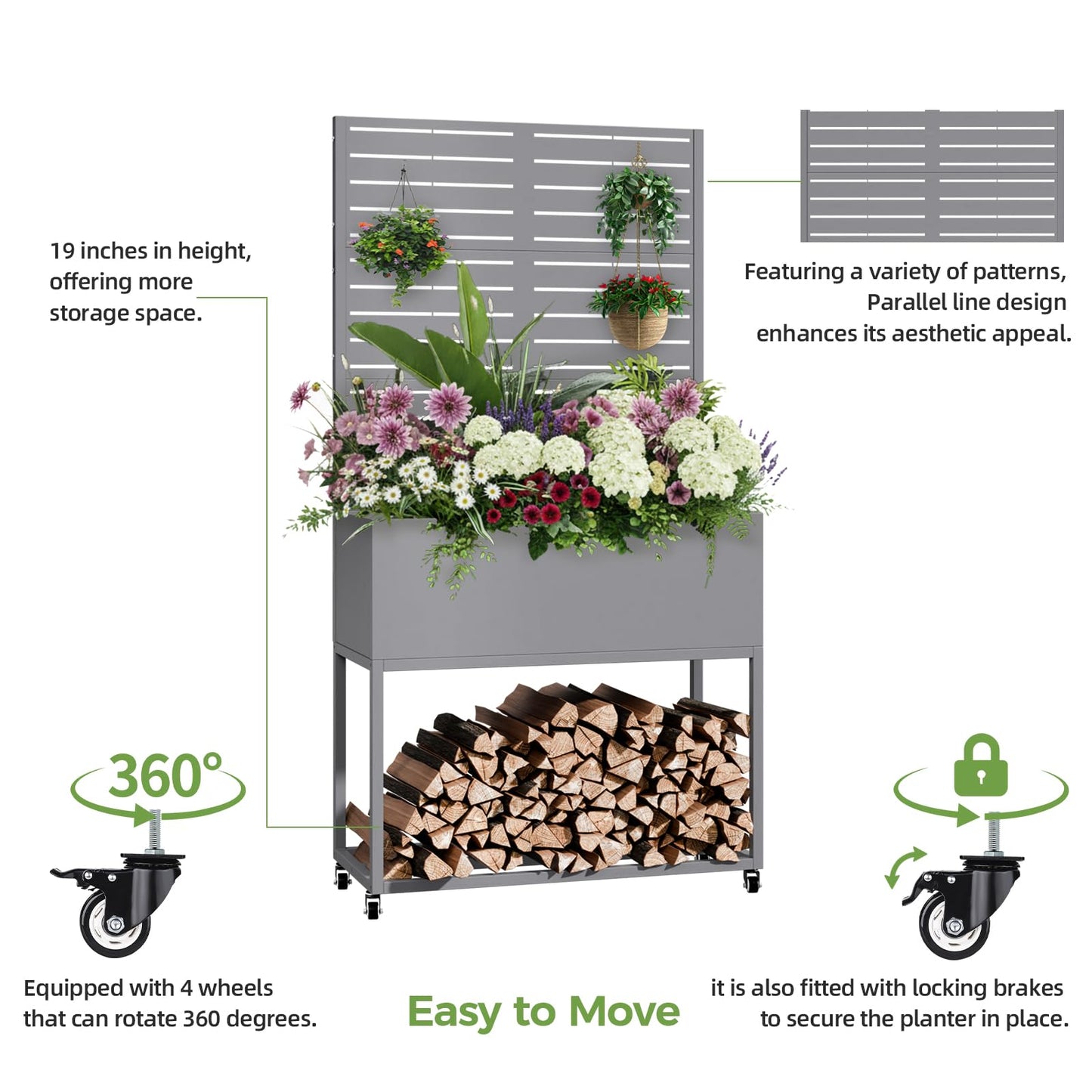 Metal Planter Box with Trellis, 3 in 1 Raised Garden Bed with Trelli & Firewood Rack, Privacy Planter Screen for Climbing Plants, Vine, Outdoor Garden Standing Beds with Drainage Holes, Wheels,Grey