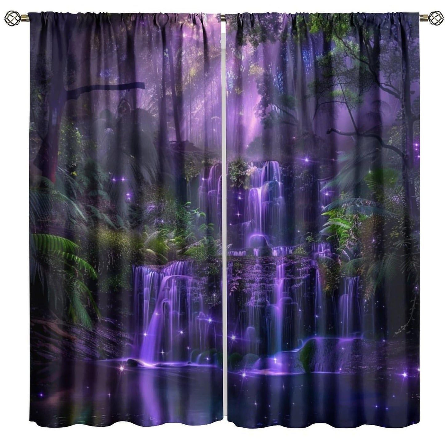HZOHNAGO Enchanted Forest Curtains Fantasy Nature Purple Fireflies Waterfall Pattern Blackout Print Rod Pocket Window Drapes for Bedroom Living Room 42x63in