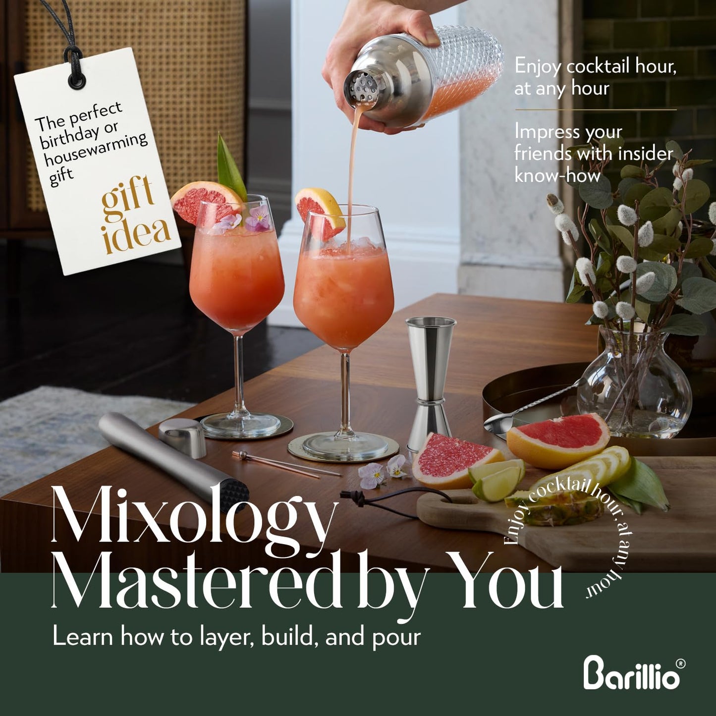 Barillio Glass Cocktail Shaker Set | 14 oz Cobbler Mixer with Bar Tools | Bartender Kit with Measuring Jigger, Mixing Spoon and Muddler | Gift Set