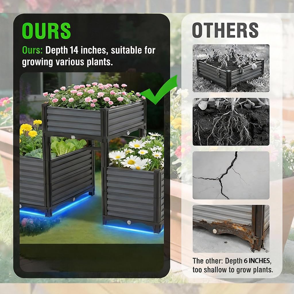 3PCS Raised Garden Beds Outdoor with Legs Planter Box, 47x20x21in Reinforced Support Rods, Drainage Grid, Multi-Combination Options for Vegetables, Flowers, Herbs, Ideal for Balcony, Patio Gardening