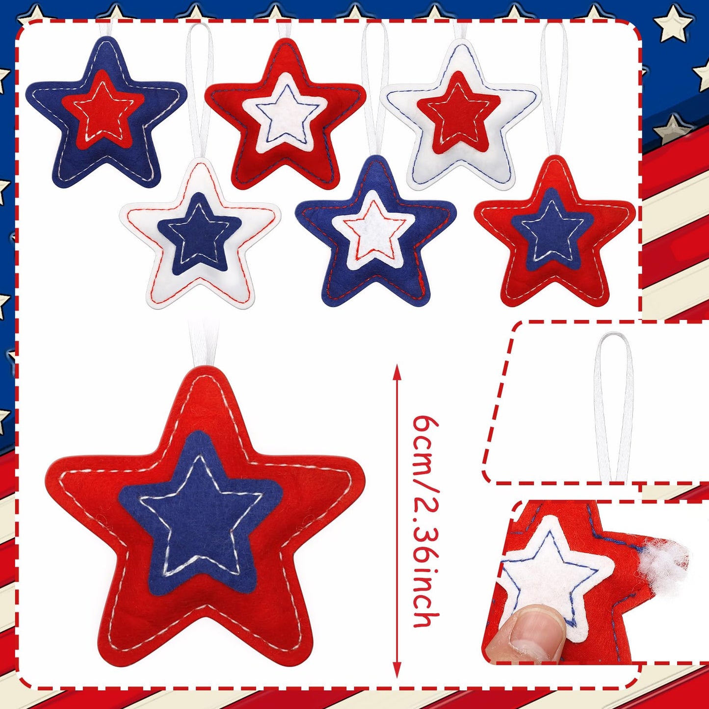 Geelin 18 Pcs 4th of July Ornaments Felt Star Patriotic Red White Blue Decoration for Tree 250th Anniversary Tree Decorations Red Blue White 3.14 Inch Hanging Stars for Party Decor(Classic Style)