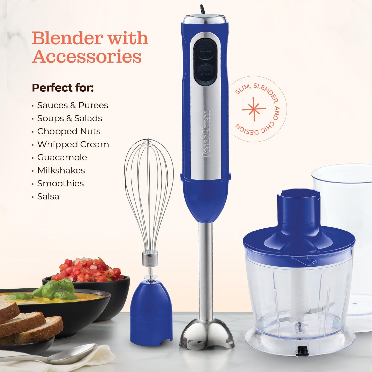 Powerful Immersion Blender, Electric Hand Blender 500 Watt with Turbo Mode, Detachable Base. Handheld Kitchen Gadget Blender Stick for Soup, Smoothie, Puree, Baby Food, 304 Stainless Steel Blades