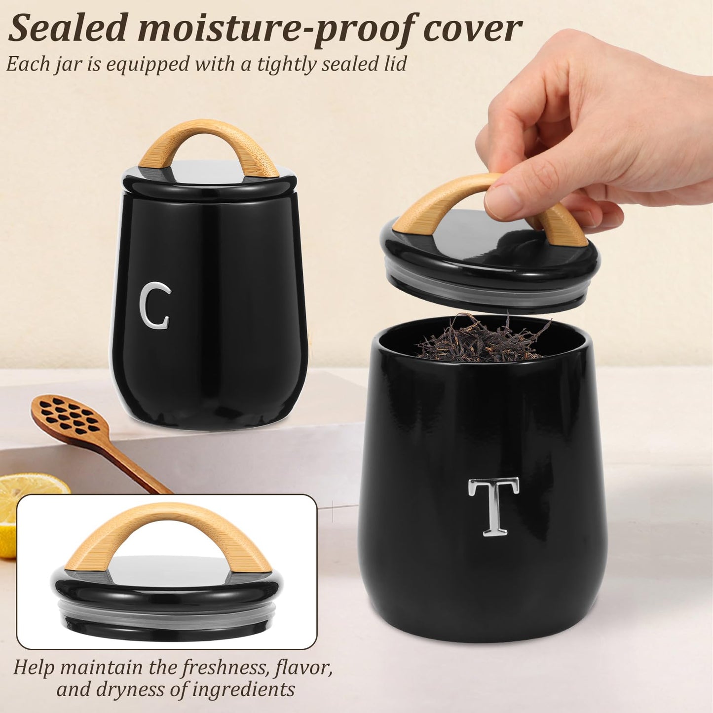3Pcs Canisters Sets for Kitchen Countertop - Sugar and Coffee Container Set, Metal Moisture Proof Sealed Jar with Label, Kitchen Canisters for Coffee Beans, Tea, Sugar, Salt, Flour, Spices (Black)