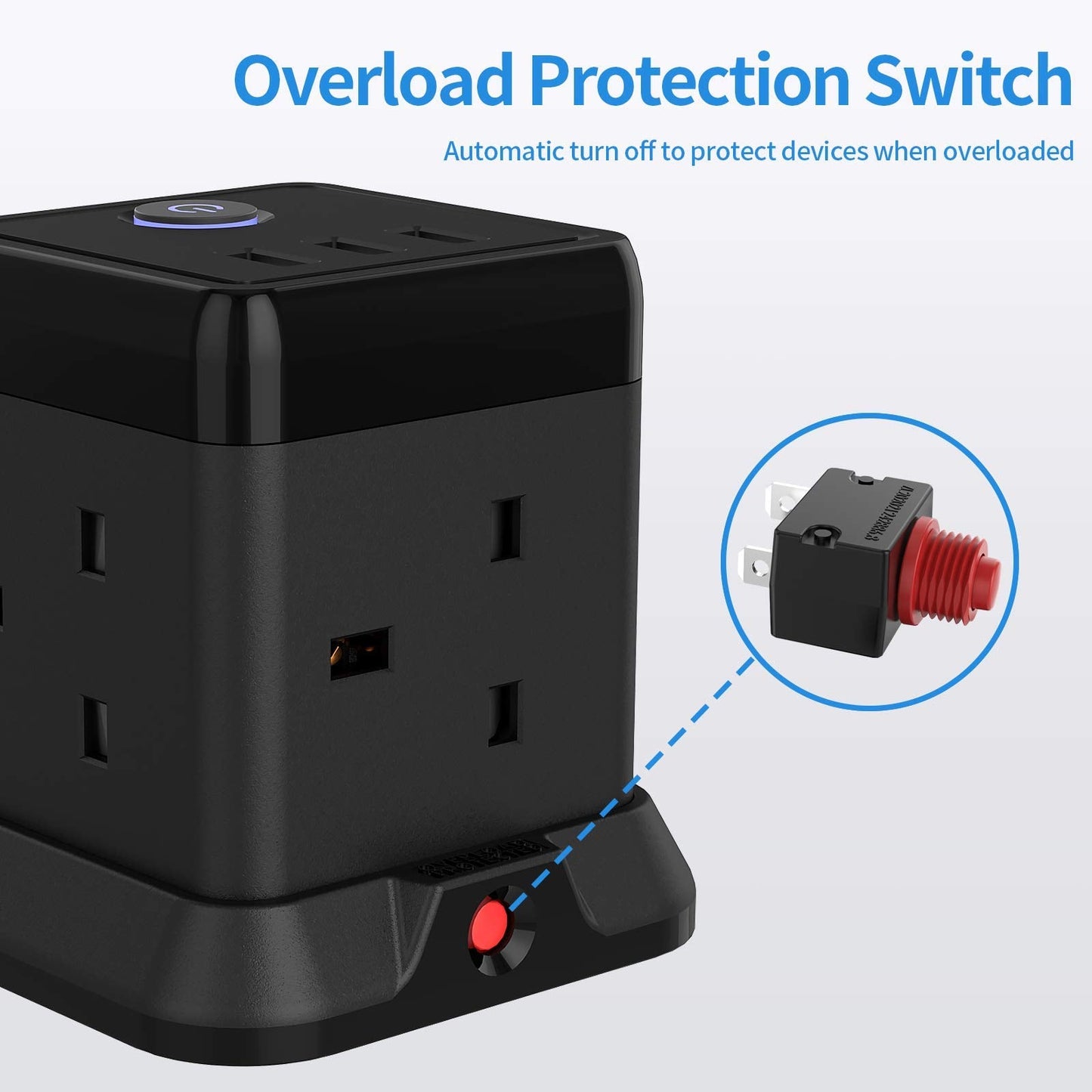 Cube Extension Lead with 3 USB Slots 13A 3250W Hulker 4 Gang Plug Socket with Switch 4 Way Power Strip with 3 USB Port 1.5M Extension Cord Black for Home Dorm Office Travel