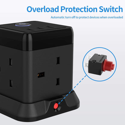 Cube Extension Lead with 3 USB Slots 13A 3250W Hulker 4 Gang Plug Socket with Switch 4 Way Power Strip with 3 USB Port 1.5M Extension Cord Black for Home Dorm Office Travel